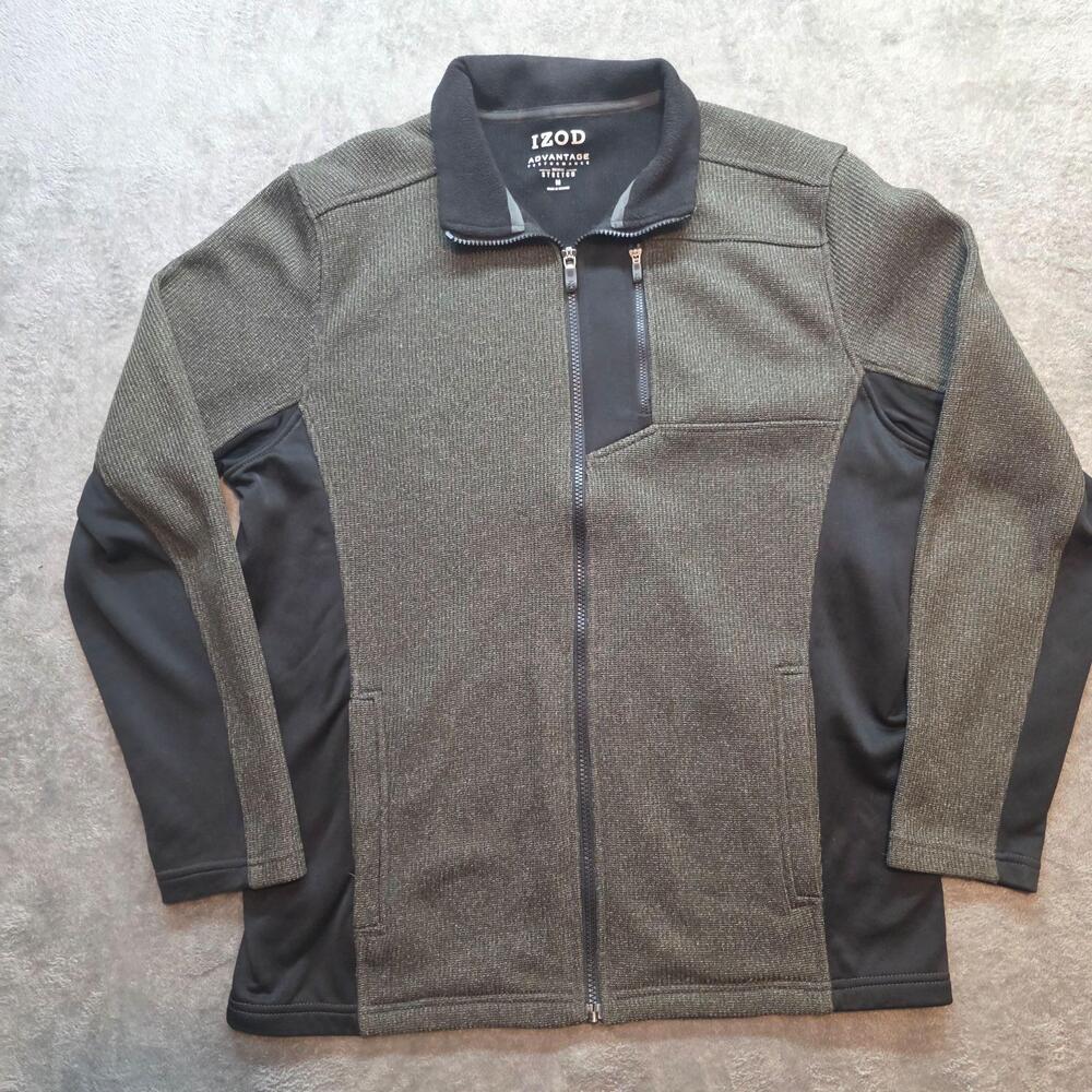 IZOD Windbreaker Jacket Mens M Gray Advantage Performance Fleece Lined Stretch